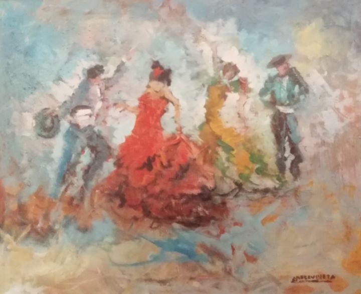 Painting titled "SEVILLANAS-FANDANGO" by Obras De Carlos Arrecubieta, Original Artwork, Watercolor Mounted on Wood Panel