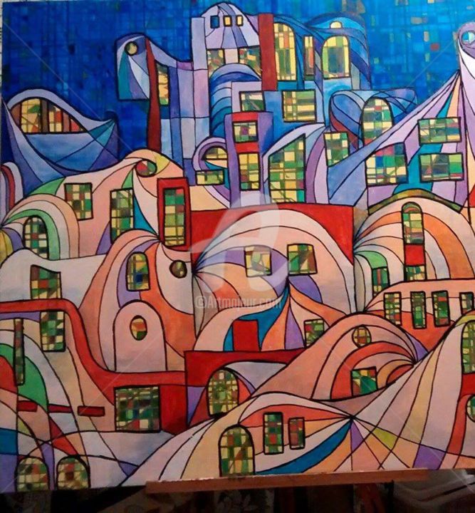 Painting titled "Ciudad del pueblpo" by Barbara Guerrero Ruiz, Original Artwork, Acrylic