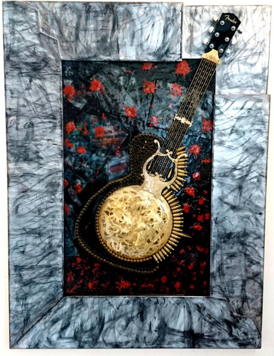Scultura intitolato "Guitare hommage au…" da Barbara Hay (Alchimik of Love), Opera d'arte originale, Acciaio inossidabile