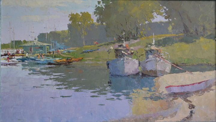 Картина под названием "Утро на реке" - Борис Чепкасов, Подлинное произведение искусства, Масло