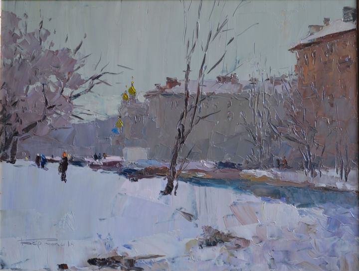 Peinture intitulée "Зима на улице Совес…" par Boris Chepkasov, Œuvre d'art originale, Huile