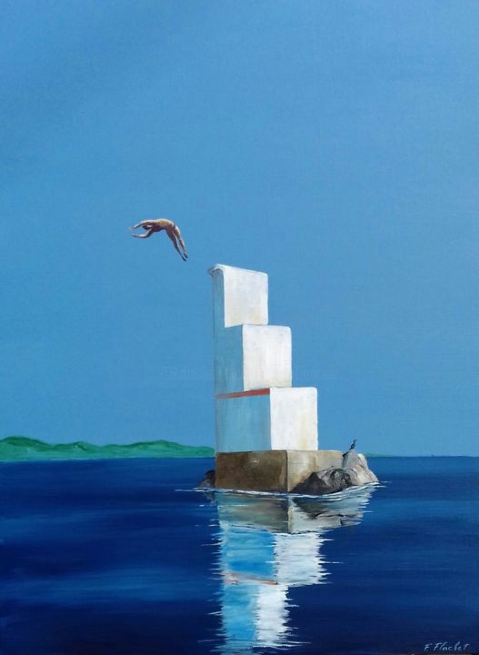 Painting titled "Plongeon" by Flachet, Original Artwork, Oil