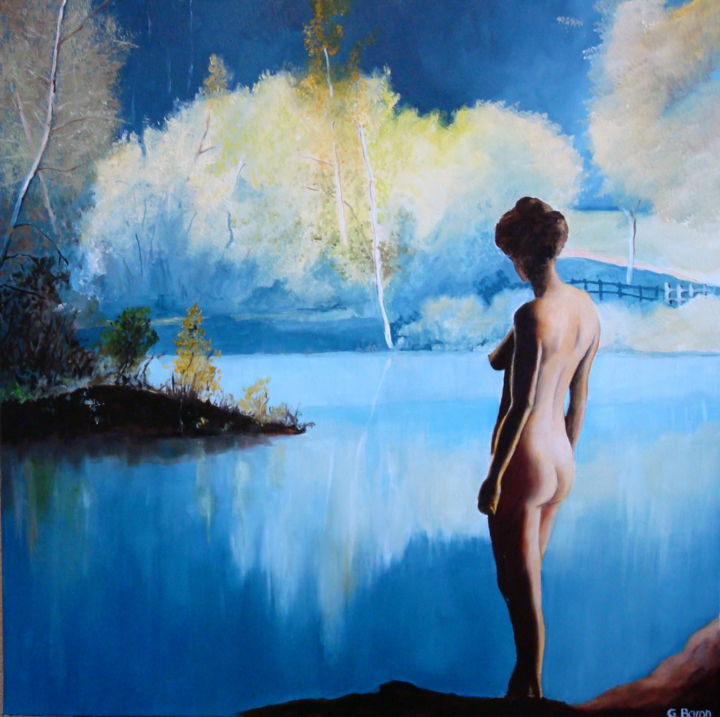 Painting titled "nu au lac bleu" by Baron, Original Artwork, Oil