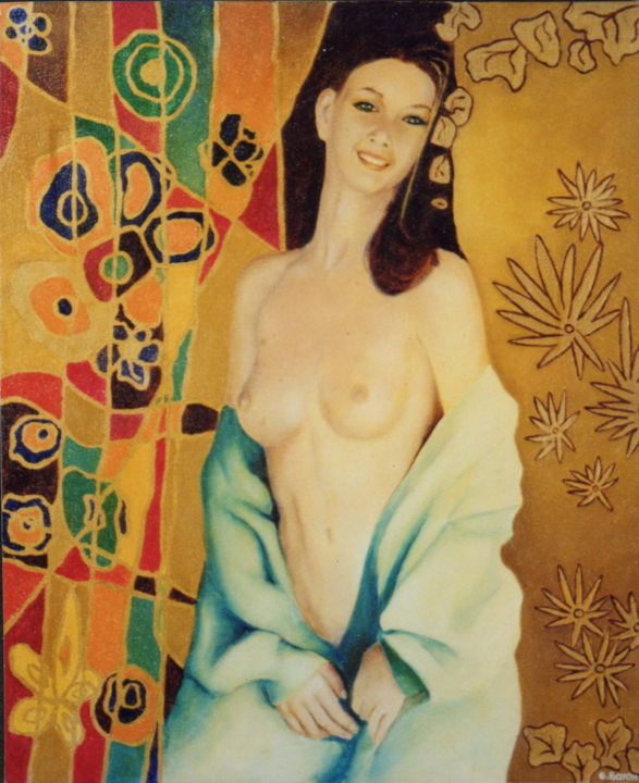 Painting titled "nu au drap bleu" by Baron, Original Artwork, Oil