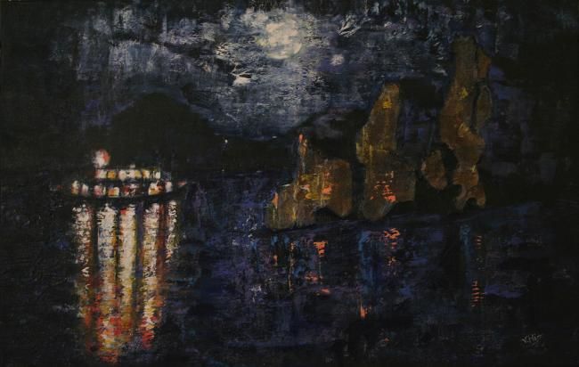 Peinture intitulée "Bateau de nuit" par Baron Samdi, Œuvre d'art originale, Huile