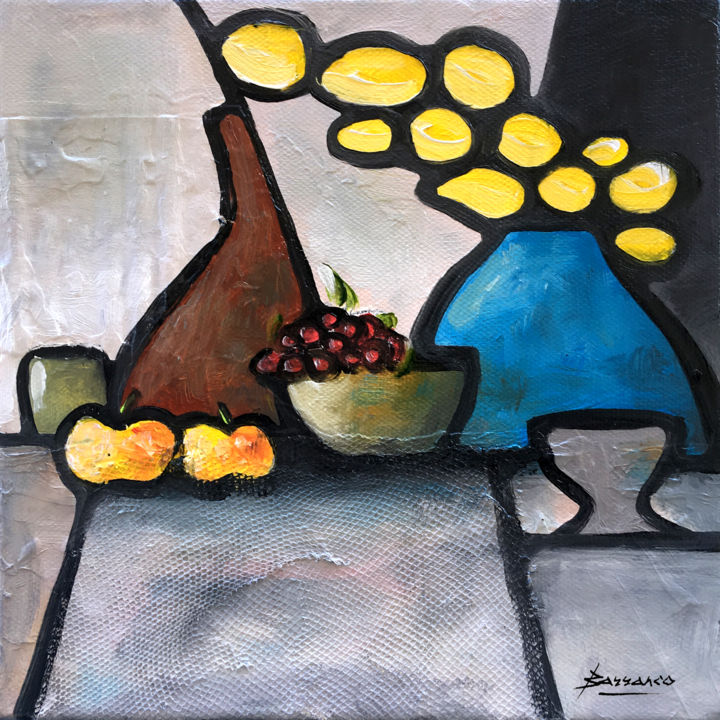 Schilderij getiteld "Deux pommes" door René Barranco, Origineel Kunstwerk, Olie