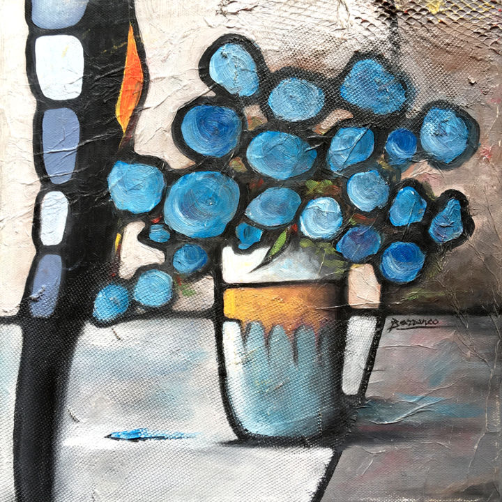 Schilderij getiteld "Bouquet bleu" door René Barranco, Origineel Kunstwerk, Olie
