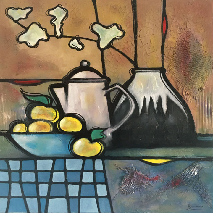 Painting titled "La cafetière aux po…" by René Barranco, Original Artwork, Oil