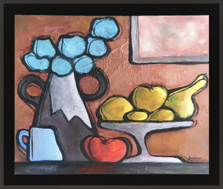 Schilderij getiteld "Fruits et fleurs" door René Barranco, Origineel Kunstwerk, Olie Gemonteerd op Frame voor houten brancard