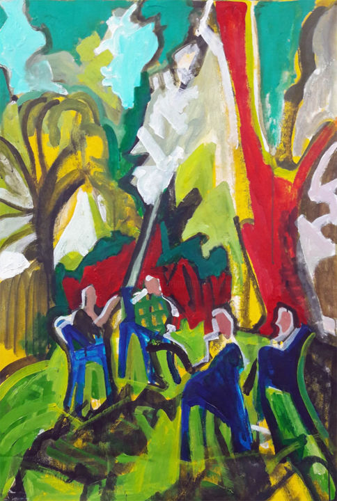 Peinture intitulée "Tertulia au parc de…" par Barrie Walker, Œuvre d'art originale, Acrylique