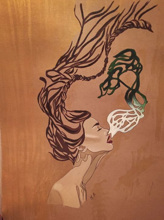 Desenho intitulada "Smoke girl.jpeg" por Knarik Barsegyan, Obras de arte originais