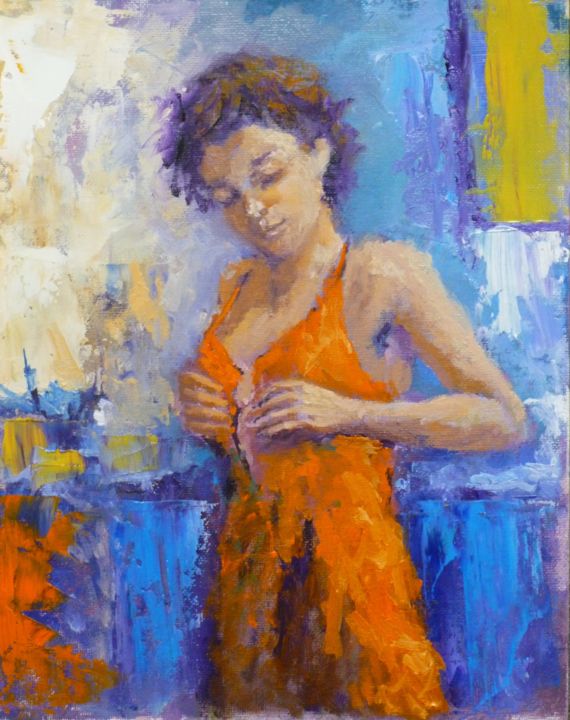 Schilderij getiteld "Orange dress" door Bart Buijsen, Origineel Kunstwerk, Olie