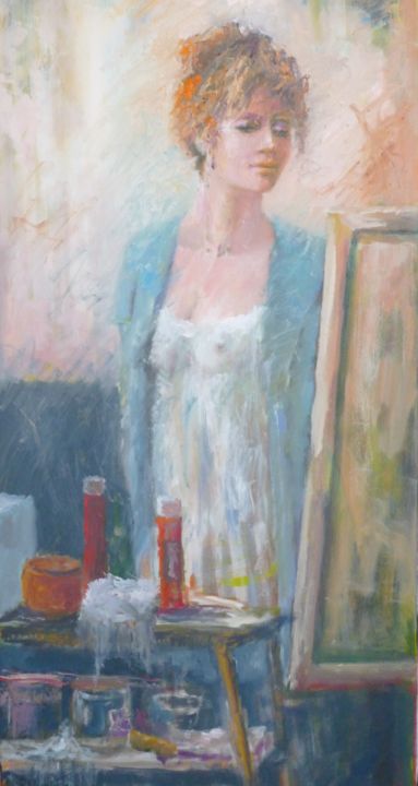 Painting titled "Model bekijkt resul…" by Bart Buijsen, Original Artwork, Oil