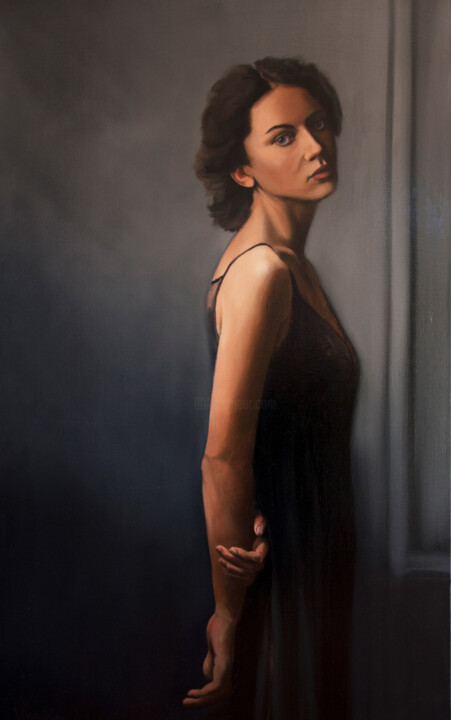 Painting titled "Lady in Black" by Bart Van Zweeden, Original Artwork, Oil