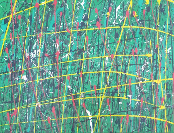 Schilderij getiteld "Cage in the jungle" door Barteu, Origineel Kunstwerk, Acryl Gemonteerd op Frame voor houten brancard