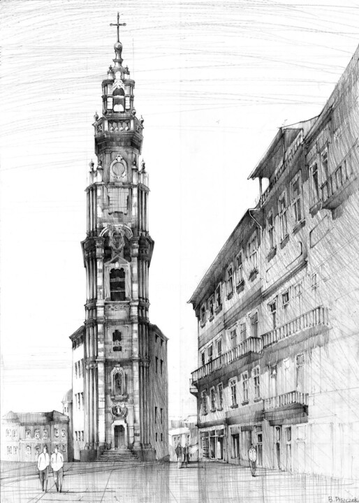 Dessin intitulée "Torre dos Clérigos" par Bartłomiej Piszczek, Œuvre d'art originale, Crayon