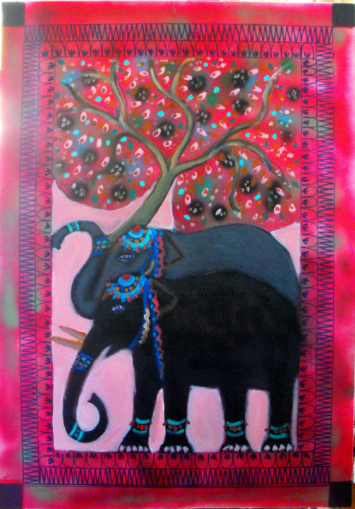 Картина под названием "Tree of life with 2…" - Nalini Shanthi Cook, Подлинное произведение искусства, Акрил