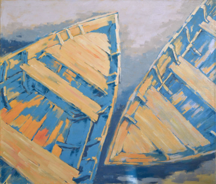 Painting titled "Two old boats" by Rogin Viacheslav (Bashlyk), Original Artwork, Oil