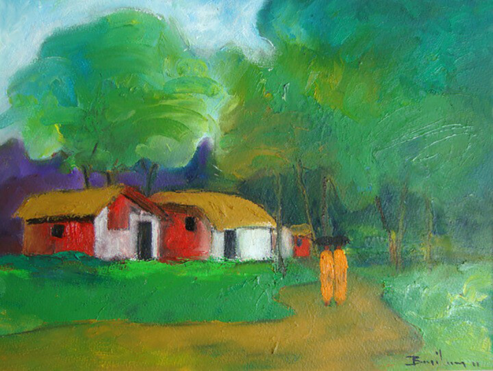 Painting titled "Village Life - Rain…" by Basil Cooray, Original Artwork, Oil Mounted on Wood Stretcher frame