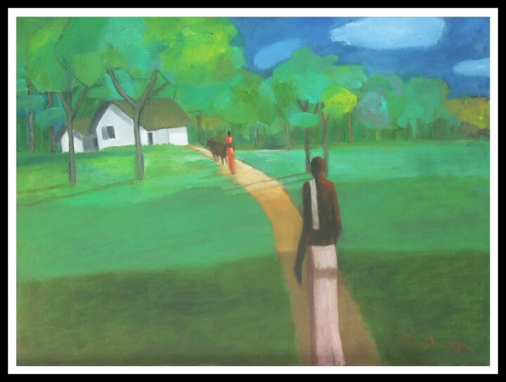 Painting titled "The Village - Going…" by Basil Cooray, Original Artwork, Oil Mounted on Wood Stretcher frame