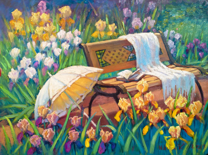 Painting titled "Irises" by Basil Nikitin, Original Artwork, Oil