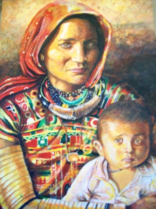 Peinture intitulée "Femme indienne" par Baskarane Saint Ange, Œuvre d'art originale