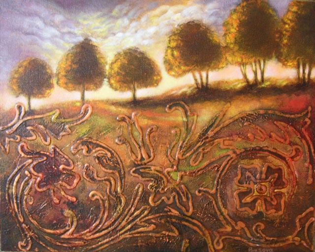 Painting titled "golden landscape2" by Natalia Basova, Original Artwork