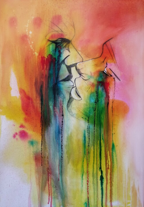 Картина под названием "AMOUR" - Batha, Подлинное произведение искусства, Акрил Установлен на Деревянная рама для носилок
