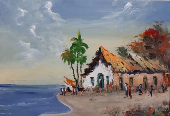 Painting titled "Casa na Praia" by Batista, Original Artwork, Acrylic