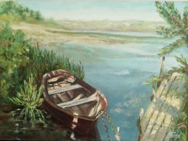 Картина под названием "Boat on the lake" - Aleksandra Batrakova, Подлинное произведение искусства, Масло