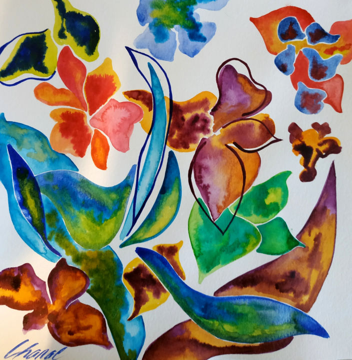 Painting titled "PETALES MULTICOLORE…" by Caroline Chanal Battesti, Original Artwork, Watercolor