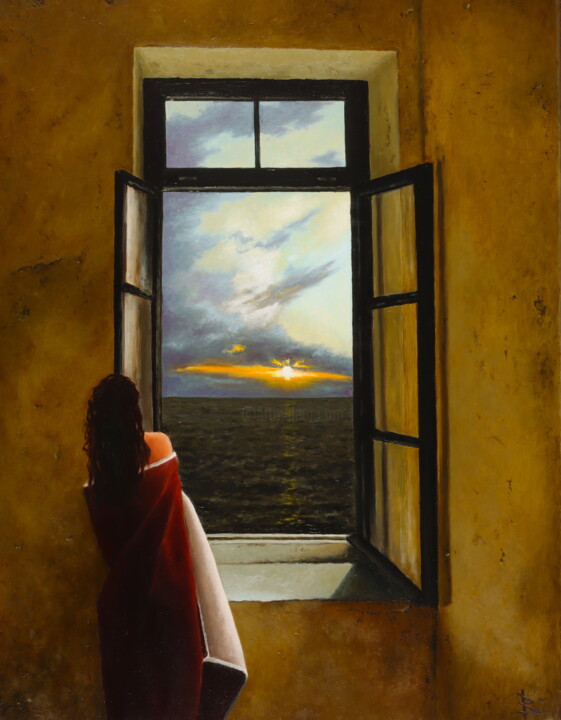 Painting titled "Open window" by Oleg Baulin, Original Artwork, Oil Mounted on Wood Stretcher frame