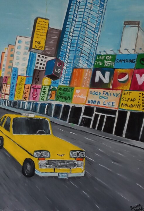 Painting titled "NYC and the yellow…" by Bayan Mahdi, Original Artwork, Acrylic