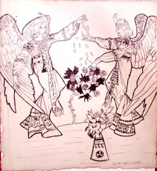 Dessin intitulée "Anges-encre-de-chin…" par Rose Mélicher, Œuvre d'art originale, Encre
