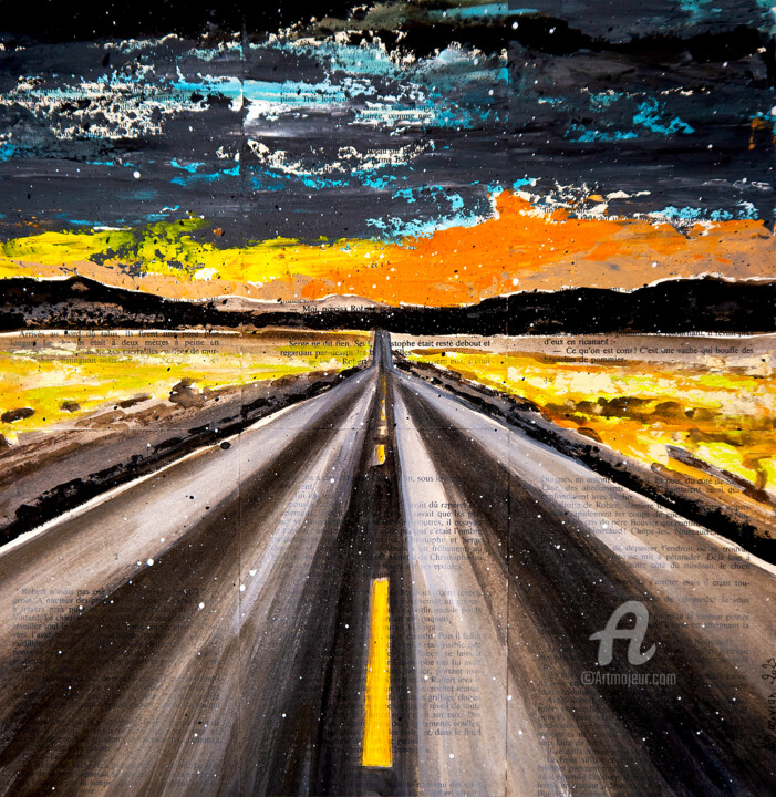 Painting titled "Road Lines II" by Bazévian Delacapucinière, Original Artwork, Oil Mounted on Wood Stretcher frame