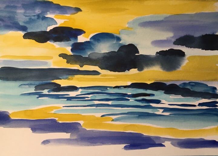 Drawing titled "Horizon bleu" by Bd, Original Artwork, Watercolor