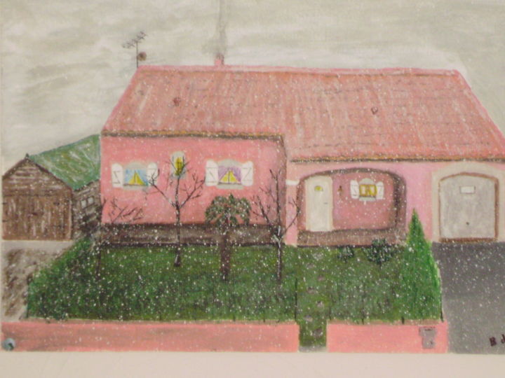 Peinture intitulée "maison rose" par Bdan, Œuvre d'art originale, Huile