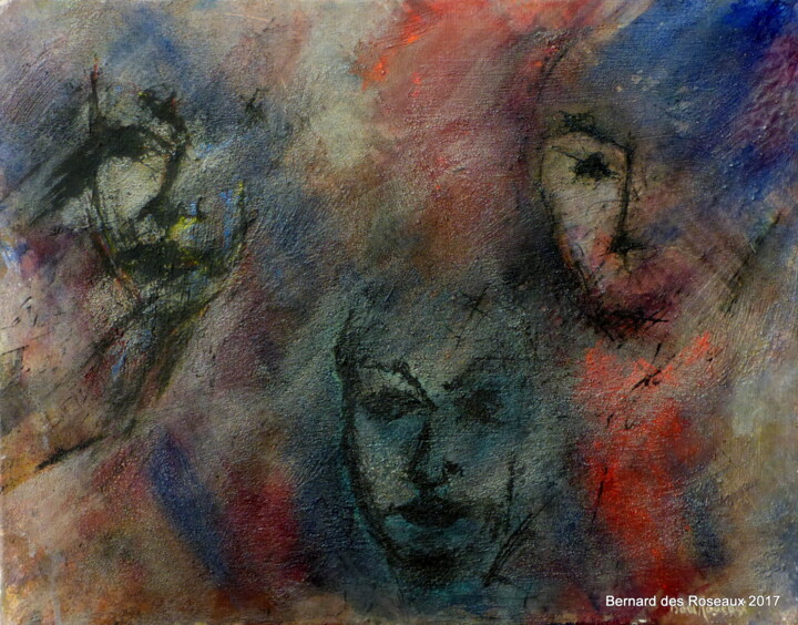 Painting titled "Visages et mystère 1" by Bernard Des Roseaux, Original Artwork, Acrylic