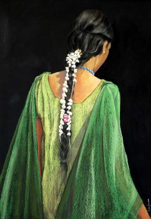 Dessin intitulée "Jeune femme tamoule" par Bernard Des Roseaux, Œuvre d'art originale, Pastel Monté sur Autre panneau rigide