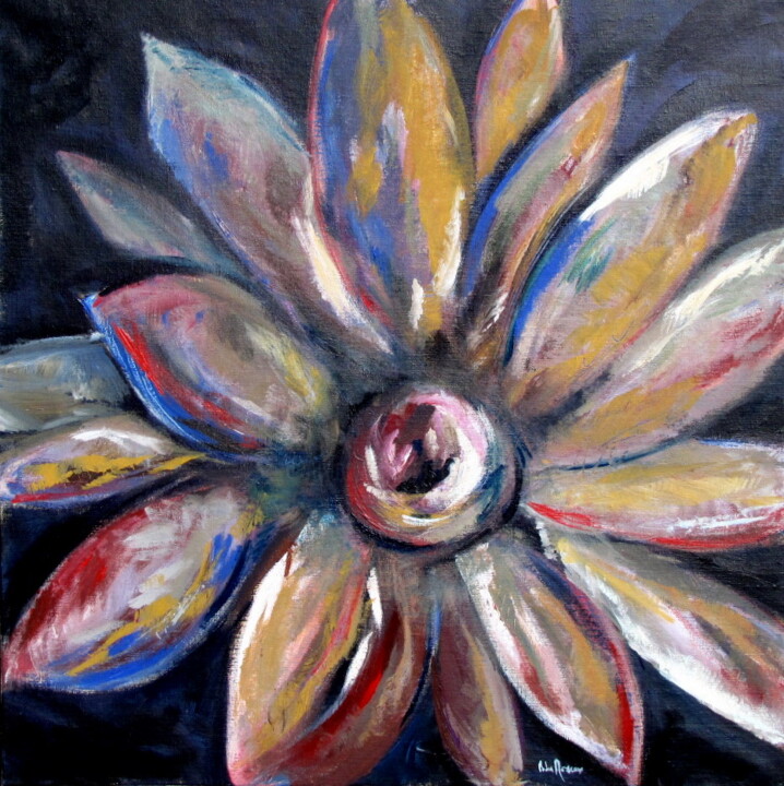 Painting titled "Fleur imaginaire" by Bernard Des Roseaux, Original Artwork, Acrylic Mounted on Wood Stretcher frame