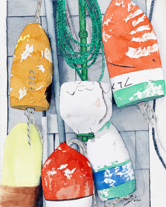 Painting titled "Lobster Buoys" by Benoit Donne, Original Artwork, Watercolor