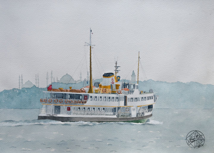 Painting titled "Istanbul ferry" by Benoit Donne, Original Artwork, Watercolor