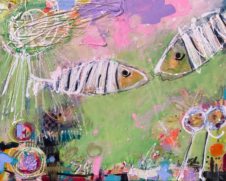 Pittura intitolato "Fishes In Love No.8" da Bea Schubert, Opera d'arte originale, Acrilico Montato su Telaio per barella in…