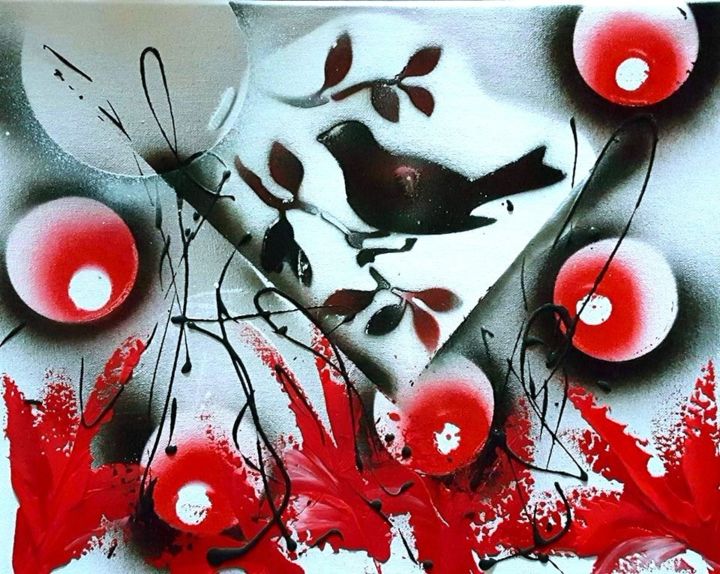 Painting titled "rouge-oiseau-noir t…" by Beata Dautrey, Original Artwork, Acrylic