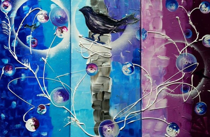 Painting titled "TRIPTYQUE BLEU VIOL…" by Beata Dautrey, Original Artwork, Acrylic