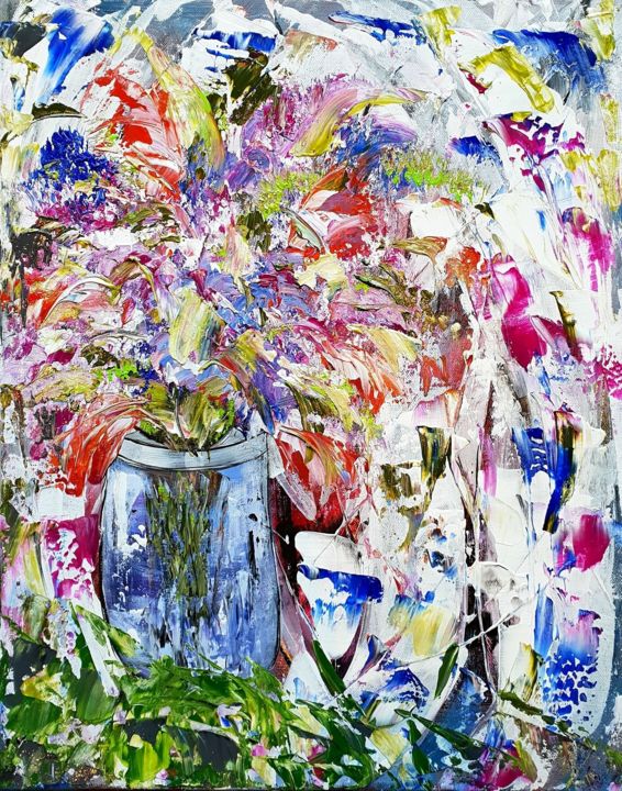 Painting titled "VASE FLEURS peintur…" by Beata Dautrey, Original Artwork, Acrylic