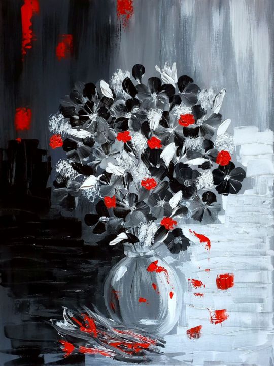 Painting titled "FLEURS NOIRS peintu…" by Beata Dautrey, Original Artwork, Acrylic