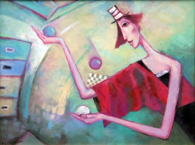 Painting titled "Juggler" by Beata Wrzesinska, Original Artwork, Oil