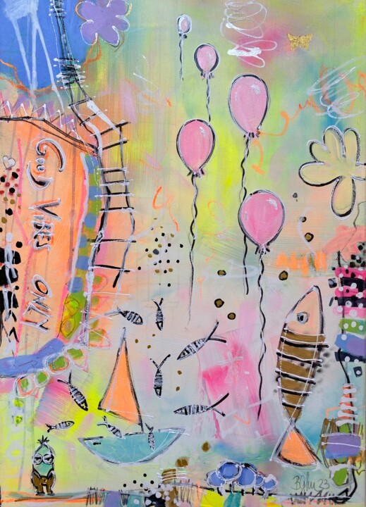 Malerei mit dem Titel "Good Vibes Only No.7" von Beate Garding Schubert, Original-Kunstwerk, Acryl Auf Keilrahmen aus Holz m…