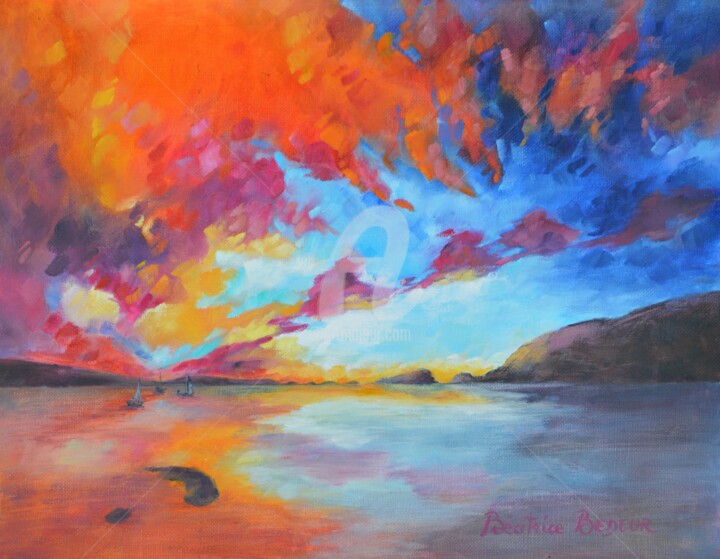 Painting titled "RED SUNSET IN ST JO…" by Béatrice Bedeur, Original Artwork, Oil
